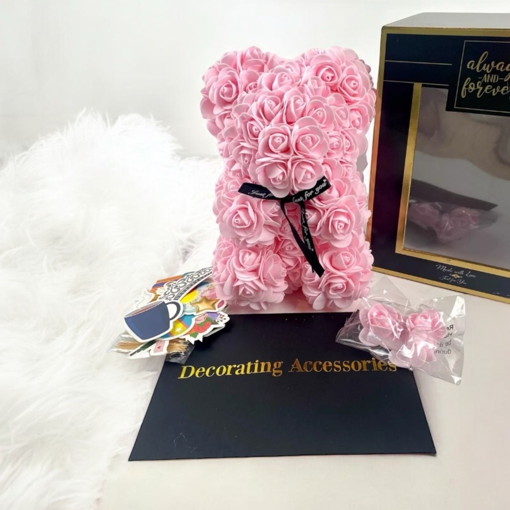 Always and Forever Pink Faux Rose Teddy Bear in Black Box New